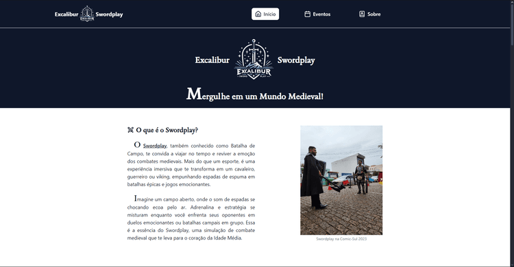 Captura de tela da Landing Page Excalibur Swordplay